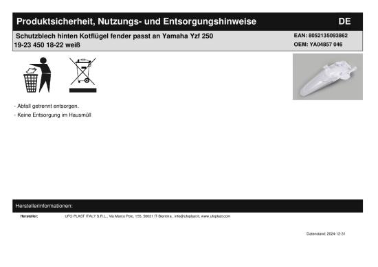 Schutzblech hinten Kotflgel fender passt an Yamaha Yzf 250 19-23 450 18-22 sw